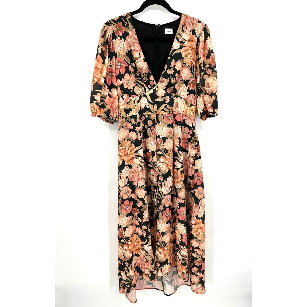 NWOT SHEIKE Orange Black Floral Print Button Down Puff Sleeve Boho Midi Dress 10